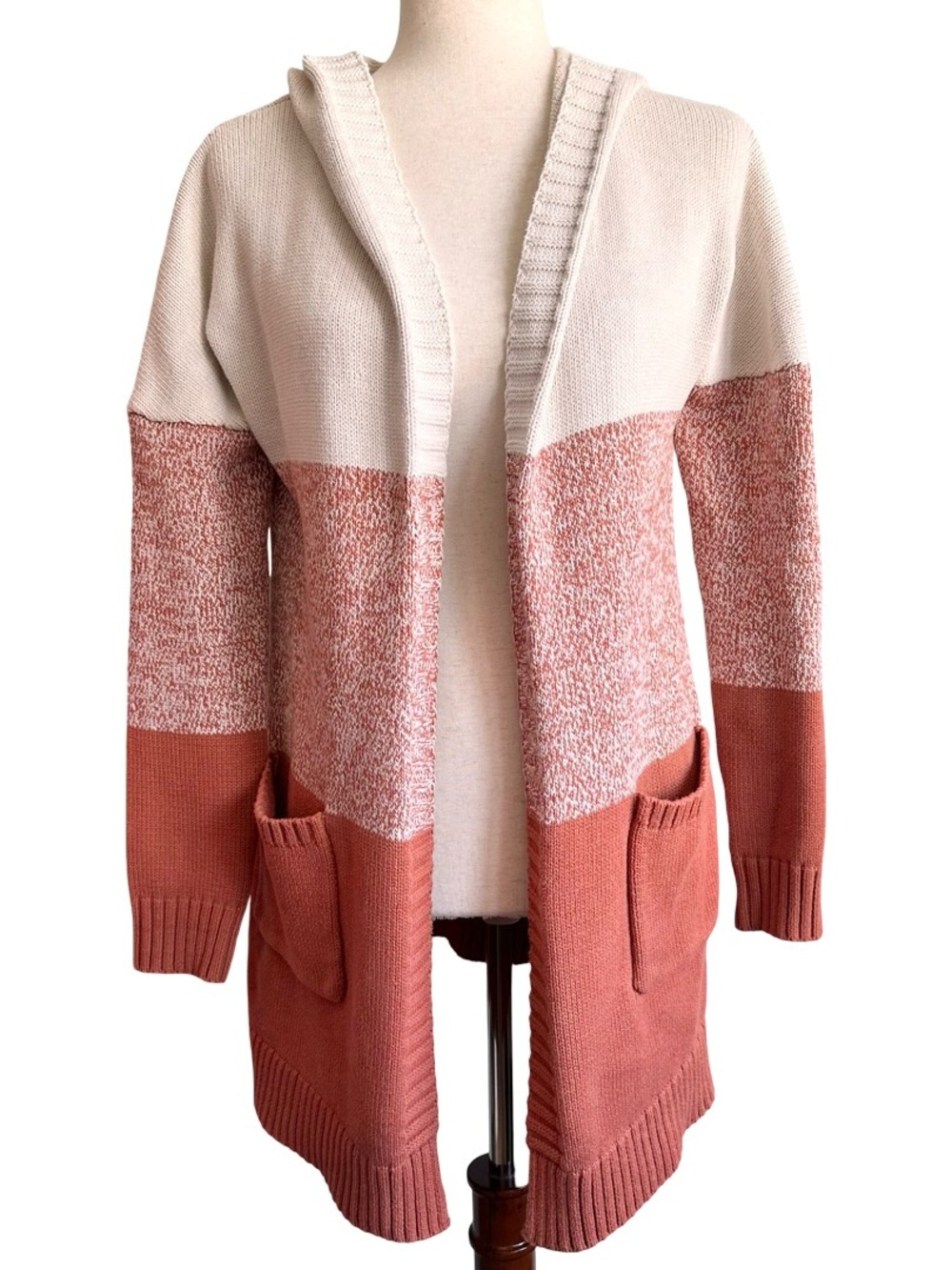 Tahari Cream & Terracotta Colorblock Hooded Cardigan